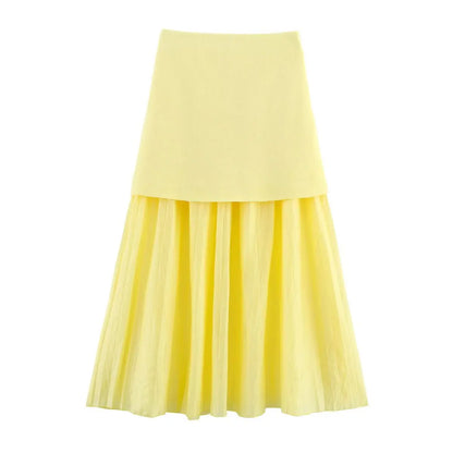 ETJ 2025 spring new  women's elegant fashion same color splicing small pleated hem high waist knit skirt