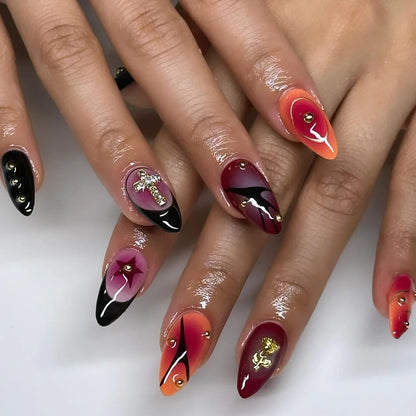 24Pcs Dark Press on Fake Nails with Black Glitter 3D Metallic Designs Sweet Cool Almond False Nails Detachable Nails Spice Girls