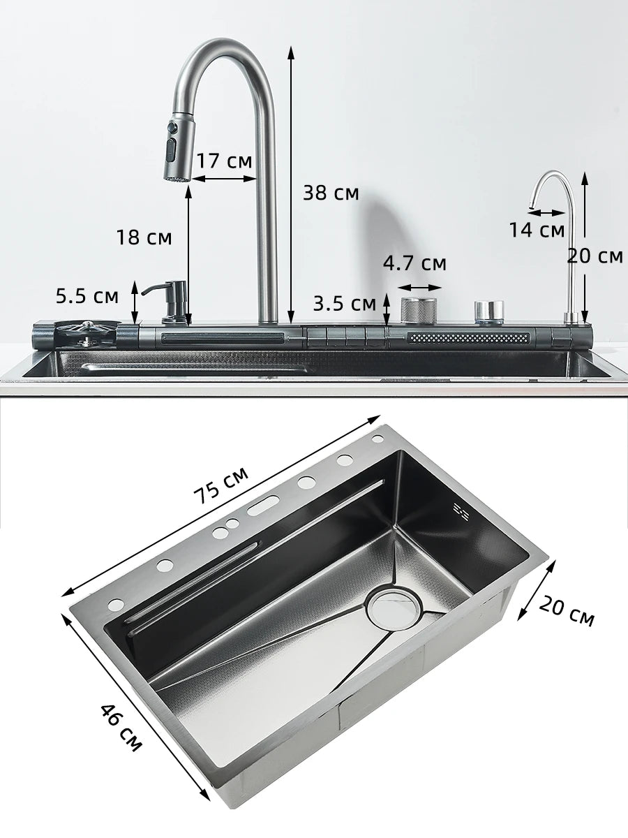 Küchenspüle aus Edelstahl 304, doppelter Wasserfall, Einzelschlitz, integrierte Digitalanzeige, Wasserhahn-Set, Seifenspender, Tassenwascher