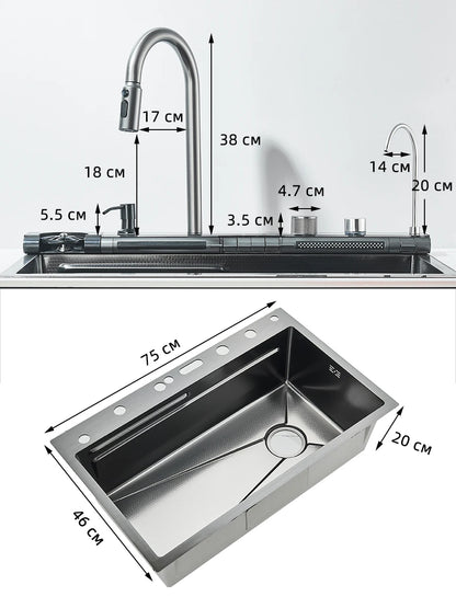 Küchenspüle aus Edelstahl 304, doppelter Wasserfall, Einzelschlitz, integrierte Digitalanzeige, Wasserhahn-Set, Seifenspender, Tassenwascher