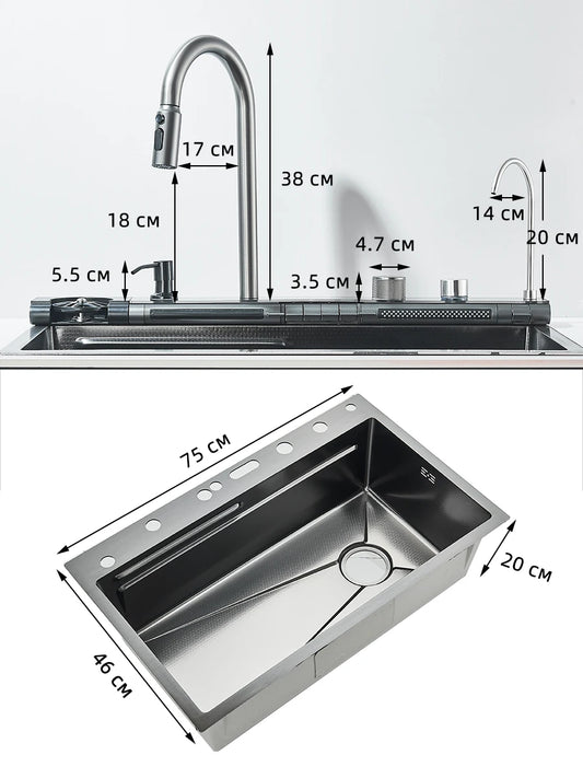 Küchenspüle aus Edelstahl 304, doppelter Wasserfall, Einzelschlitz, integrierte Digitalanzeige, Wasserhahn-Set, Seifenspender, Tassenwascher