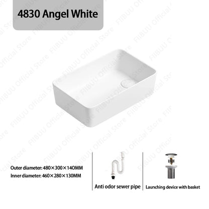 Rechteckiges silbergraues Porzellan-Keramikgefäßwaschbecken über der Theke, Toilette, Badezimmer-Schminktisch, Waschbecken, glasiertes weißes Waschbecken