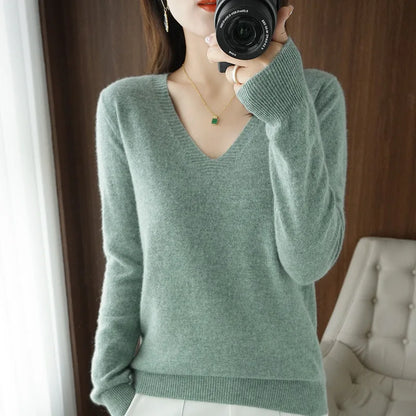 Neue Kaschmir frauen V-ausschnitt Pullover Spitze Neck Aushöhlen Design Beiläufige Gestrickte Lange Hülse frauen Pullover Herbst Und winter
