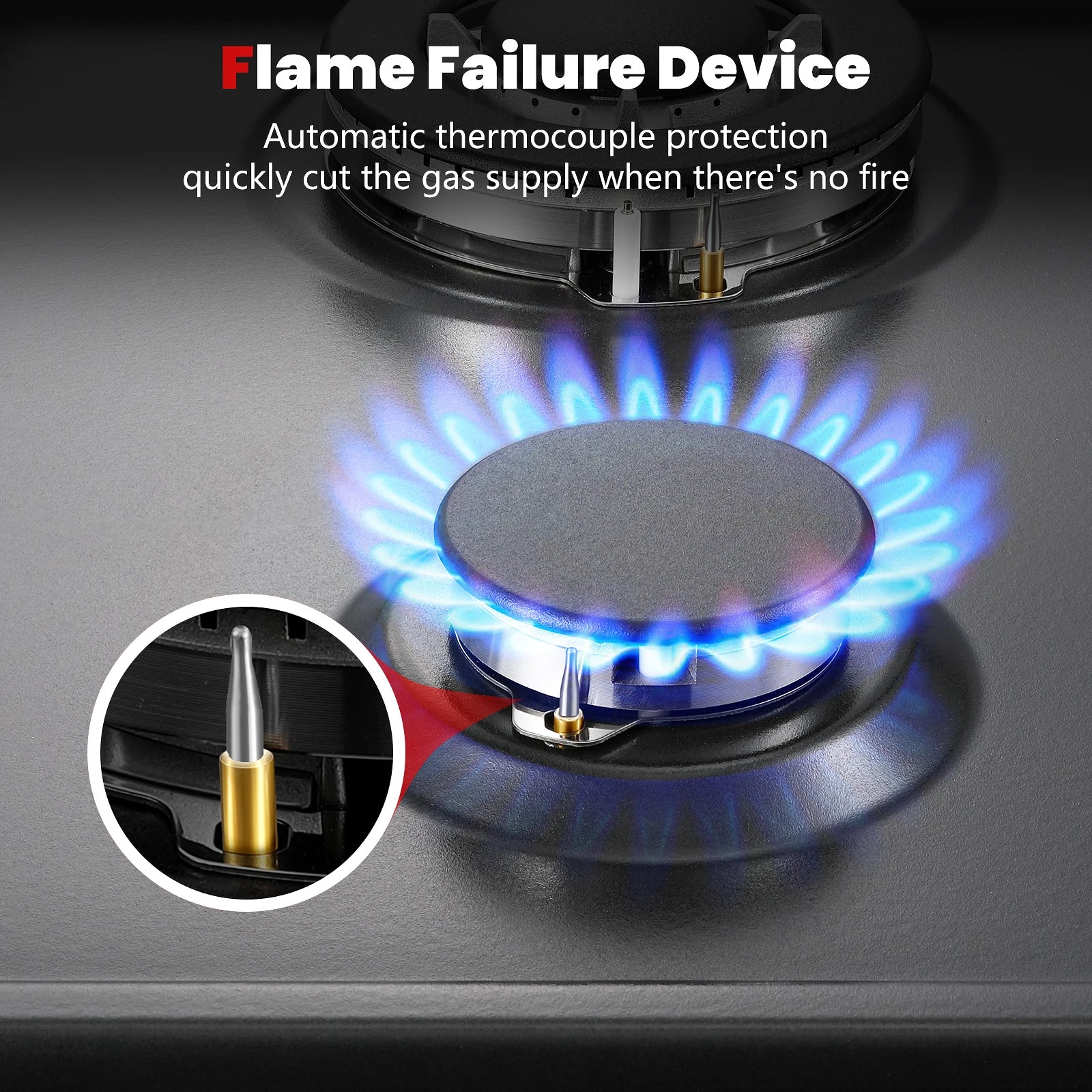 4 Burners Black Enamelled Plate 58 cm Automatic Flame Protection, Natural Gas and Propane Gas, Built-in Gas Hob.