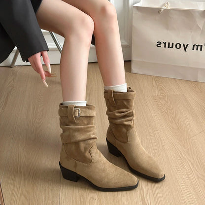 Autumn Winter Suede Pointed Toe Women Ankle Boots Fashion Slip On Thick Heel Shoes Ladies Elegant Slim Short Booties.