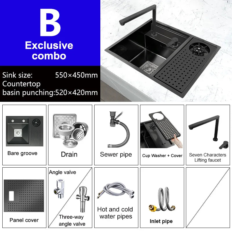 Hidden Cup Washer kitchen Sink Stainless Steel Small Bar Single Slot Washbasin Multifunctional With Cover Plate Dishwashing Pool