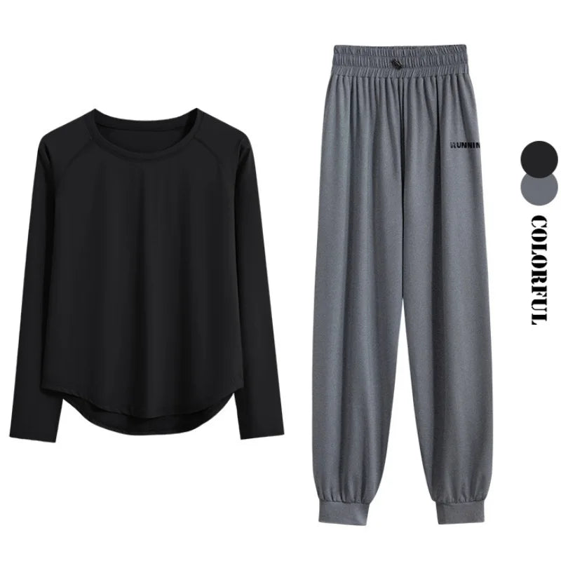 DRUR 2pcs Running Set Women Tracksuit Lightweight Loose Long Sleeve Sport Shirt Pants Sets 2 Piece Sportswear Outfit Gym Clothes