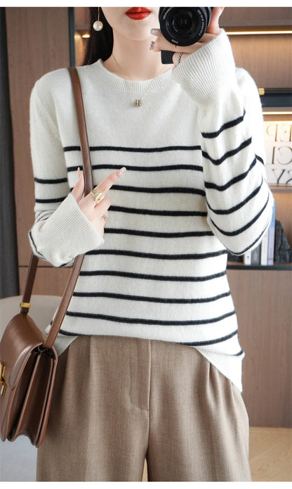 Herbst Winter neue Frauen O-Ausschnitt Farbe Streifen Pullover Wolle Mischung Mode weichen warmen Pullover Kaschmir lose lässig Strick Base Top.