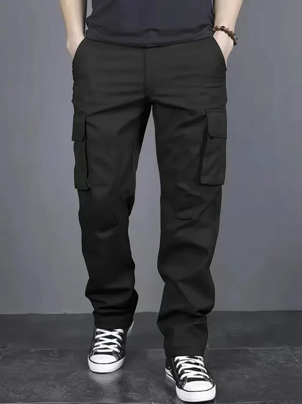 Men's casual multi pocket work pants with loose fit and drawstring waistband suitable for hikingfishingand outdoor exploration.