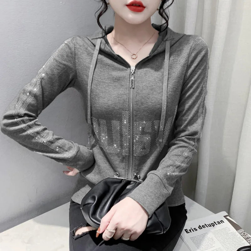 #7937Black Grey Women Hoodies Sweatshirt Tops Pullovers Diamonds Letters Slim Streetwear Short Hoodies Woman Zipper Korean Style.