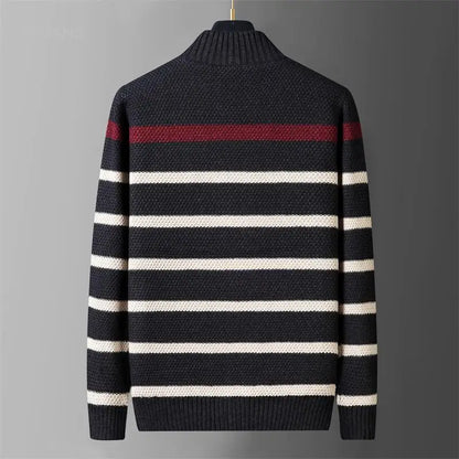 Winter Wool Liner Sweater  Cardigan Man Knit Striped Stand Collar Jacket Outwear Knitted Sweatercoat Men Vintage Clothing.