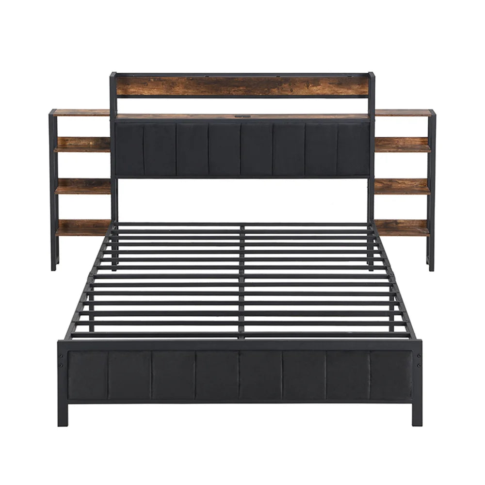 Metallbett 140x200cm, Flachbetten, Kopfteil mit Regal und 3 usb-anschlüsse, Metall+MDF+Velvet, Schwarz + Walnuss, ohne Matratze