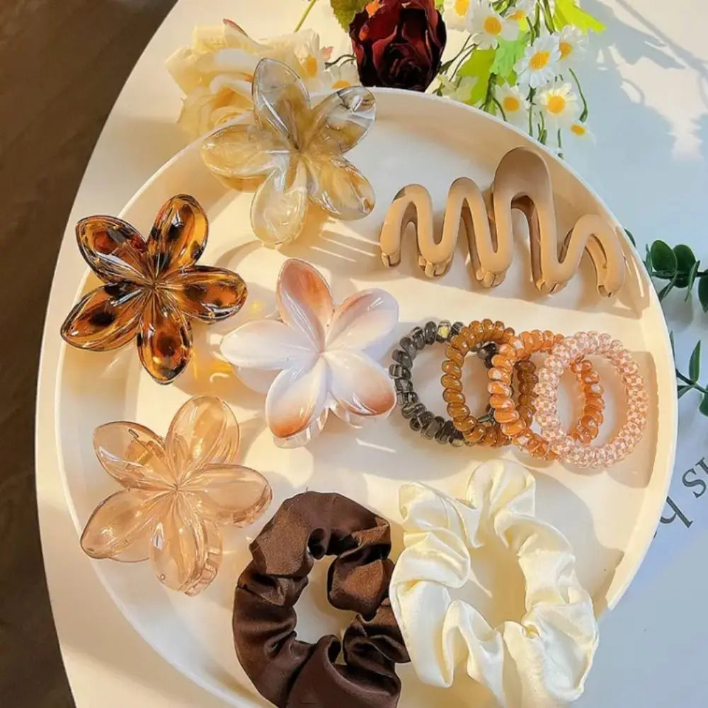 11pcs/Set Fashion Plumeria Hawaiian Hair Clamps Set Colorful Elastic Flowers Hair Clips Rubber Band Hair Rope Hair Accessories.