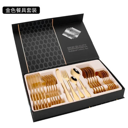 24pcs Golden Tableware Set Light Luxury Stainless Steel Cutlery Fork Knife Spoon Dinnerware Set Minimalist Decor with Gift Box