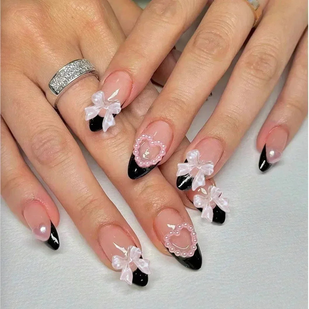 24pcs French Almond Press on Nails Leopard Print False Nails 3D Bow Wearable Stick-on Nails Fake Nail Uñas Накладные Ногти 네일팁.