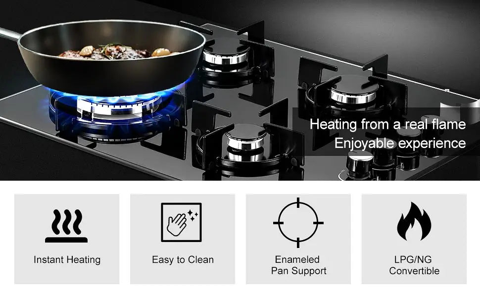 60cm Gas Hob 4 Burners 8000W Dual Fuel (Natural Gas/Propane) Auto Flame Protection Tempered Glass Built-in/Freestanding 220-240V.