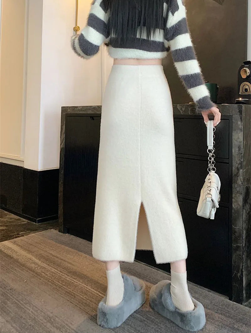 Korean Imitation Mink Plush Knitted Skirts Women Autumn Winter Thick Soft Split Pencil Skirts Elegant High Waist Bodycon Skirt.
