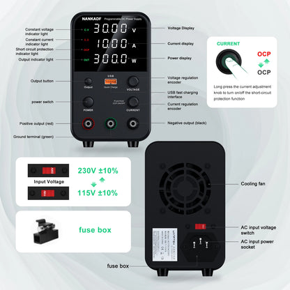 NANKADF Lab Bench Power Supply 30V 10A Switching Power Supply Unit 30V 5A  Adjustable Source 60V 5A Voltage Stabilizer 120V 3A