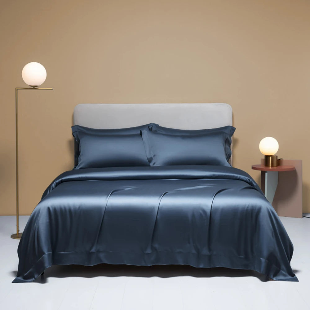 Liv-Esthete Noble 100% Silk Bedding Set Blue Gray Summer Duvet Cover Pillow Case Bed Sheet Quilt Cover Double King Queen Sets.