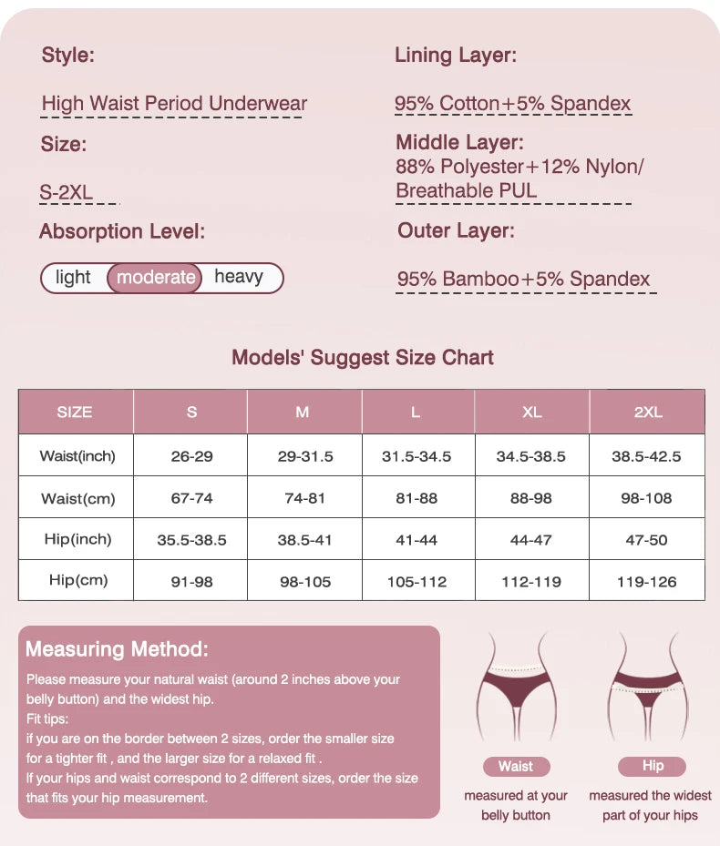 High Waist Period Panties for Women 4-Layer Leakproof Bamboo Fiber Menstrual Underwear Eco-Friendly for Sports Sleep Daily Use.