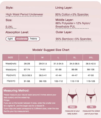 High Waist Period Panties for Women 4-Layer Leakproof Bamboo Fiber Menstrual Underwear Eco-Friendly for Sports Sleep Daily Use.