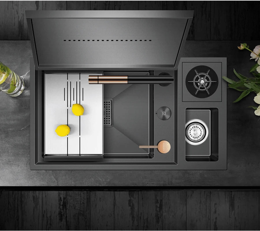 ASRAS Nanometer Hidden Flip Cover kitchen Island Sink 4mm Thickness Handmade Cup Rinser And Trash Can Kitchen Sinks