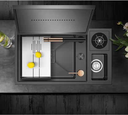 ASRAS Nanometer Hidden Flip Cover kitchen Island Sink 4mm Thickness Handmade Cup Rinser And Trash Can Kitchen Sinks