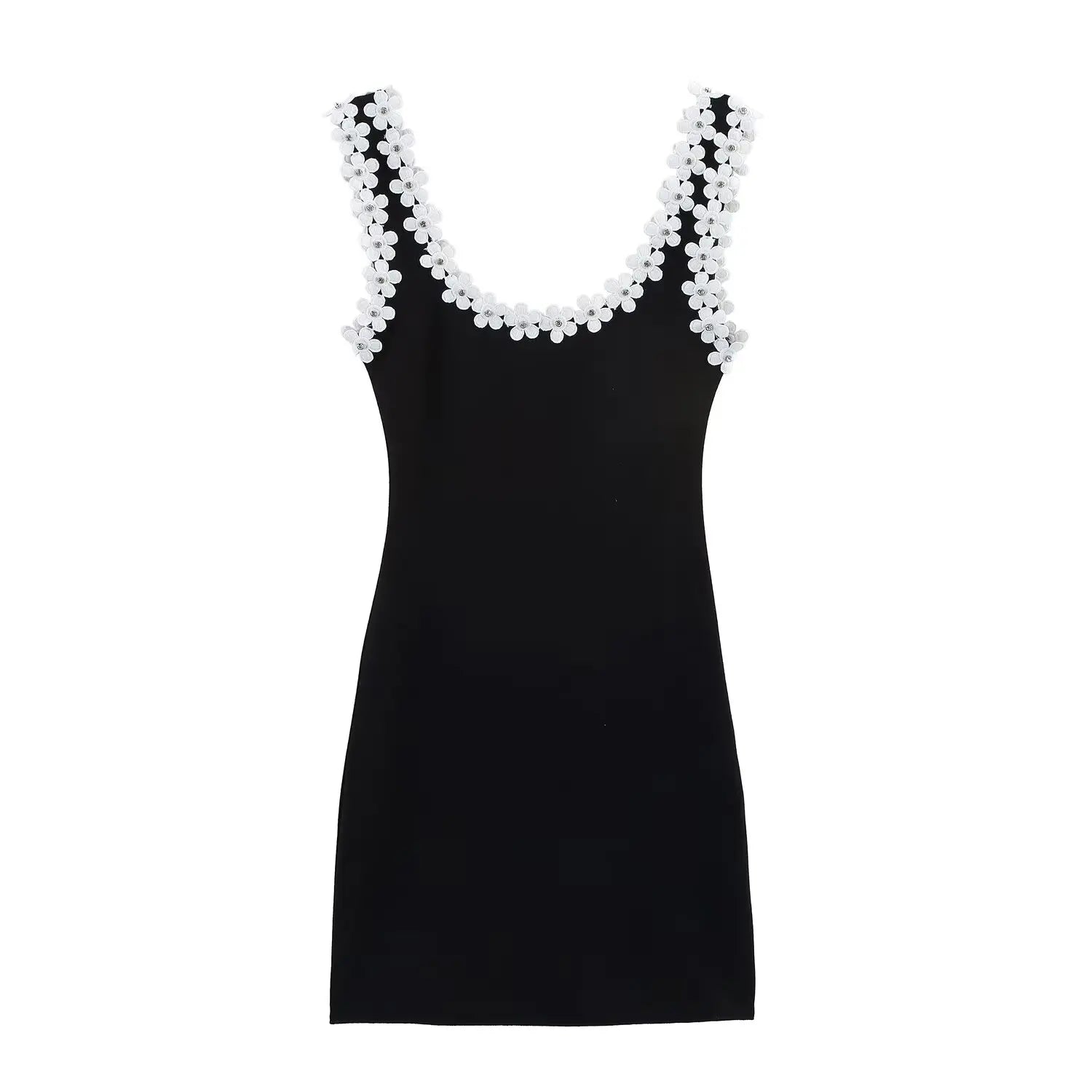 TRAFZA Weibliches Sommer-Sexy-dünnes Kleid, 2-farbig, fester quadratischer Kragen, ärmellos, rückenfrei, Blumendekoration, Damenmode-Kleider.