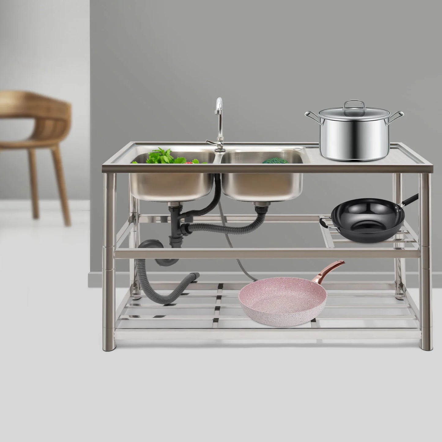 Freistehende Edelstahl Doppels ch üssel gewerbliche Küchen spüle Set mit Wasserhahn Abtropffläche mit/Werkbank & Doppel regale