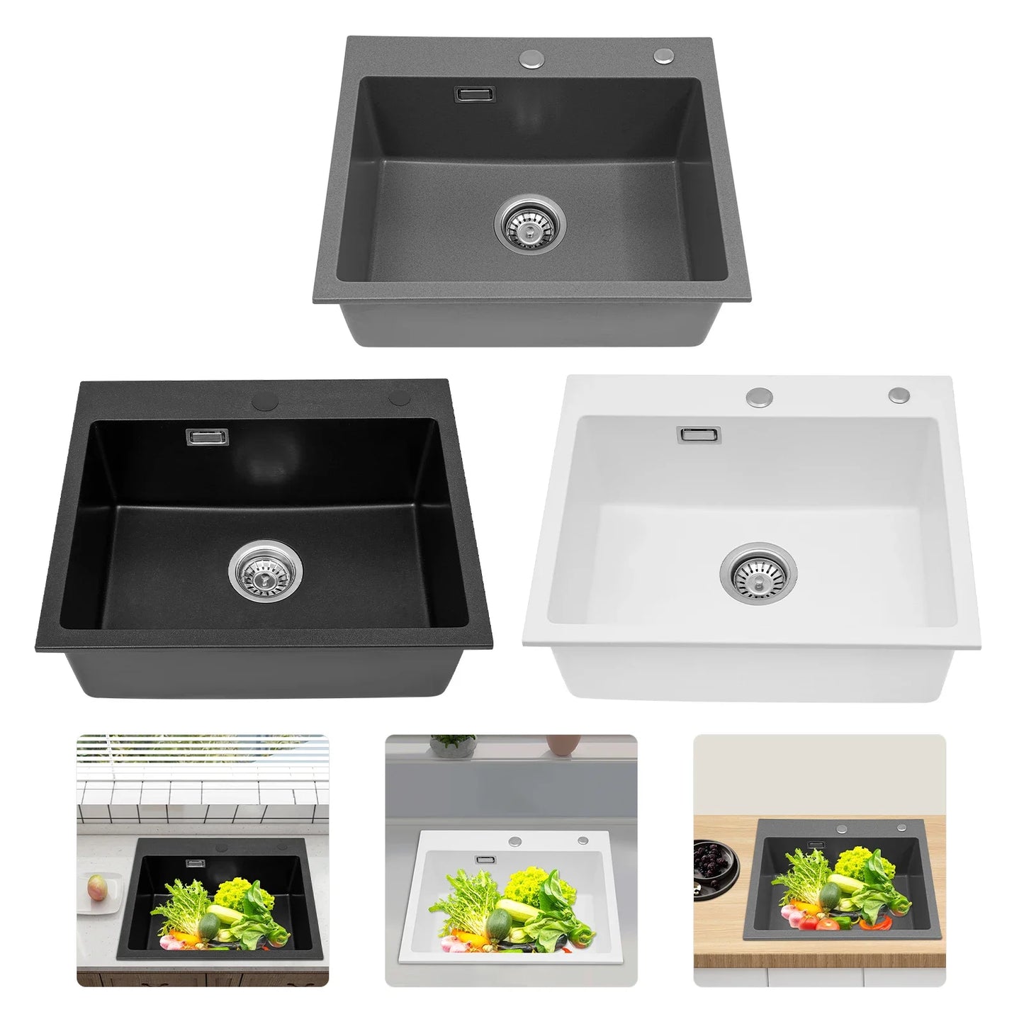 Küchenspüle, Quarzstein-Waschbecken, Abflussrohr, Abflusskorb, 55 x 45 cm, drehbarer Abfluss, Waschbecken für Badezimmer
