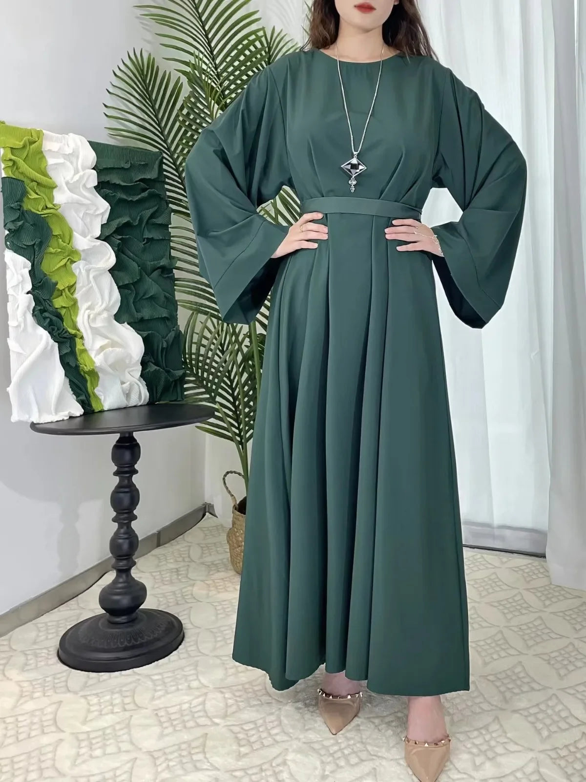 Muslim Abayas Women Kaftans Prayer Dress With Belt Full Sleeve.