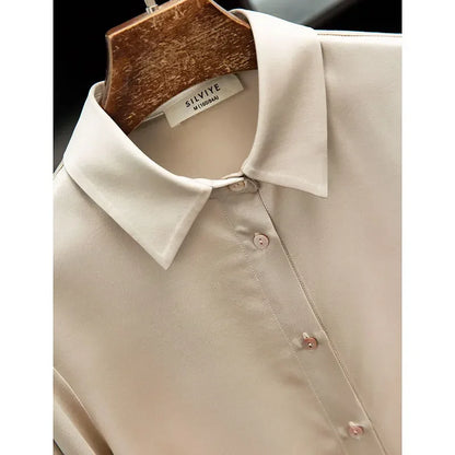 Women's French Style High Quality 40 MM Heavy Office Lady Solid Satin Silk Long Sleeve Shirt Ladies' Blouse.