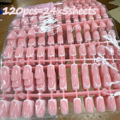120Pcs=24*5 French Short Square Coffin False Nail White Pink Simple Wearable Fake Nails Glossy Full Cover Press on Nail Tips Art.