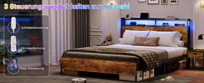 120 x 200 LED-beleuchteter Metallbettrahmen mit Steckdose und USB-Ladefunktion, Holzkopfteil, Stauraumbett B