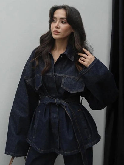 Retro Classic Denim Jacket Pants 2pcs Set Strap Coat Women Straight Leg Pants Autumn Stylish Women's Casual Suit.