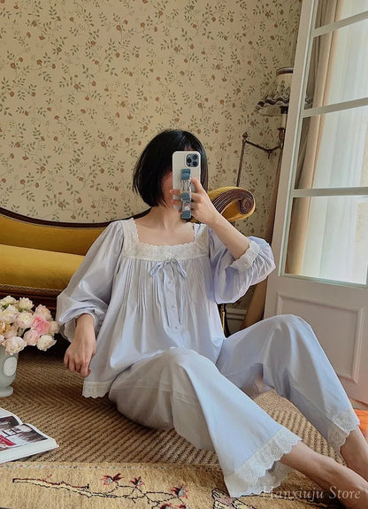 Sweet Spring Autumn Pure Cotton Women's Long Sleeve Pajama Set Loose Female Sleepwear Suits Royal Pyjama Home Wear Plus Size.