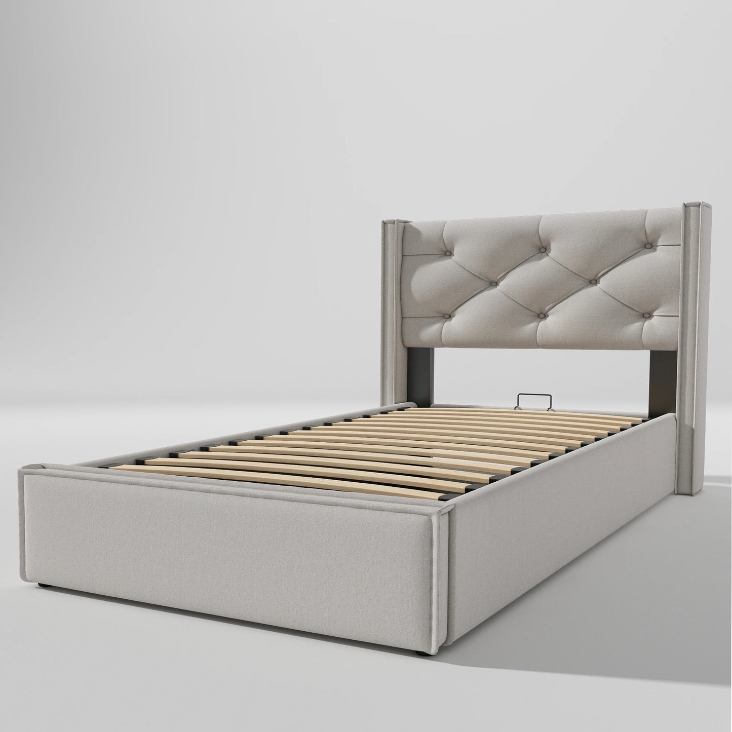 KOMHTOM Hydraulisch Polsterbett Einzelbett, - Metallrahmen-Lattenrost, modernes Bettgestell mit Stauraum, Baumwollbezug