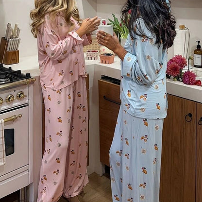Maemukilabe Women Y2K Floral Pajama Set Long Sleeve Shirt and Pants Set Vintage 2 Piece Lounge Set Cute Bow Pjs Sleepwear.