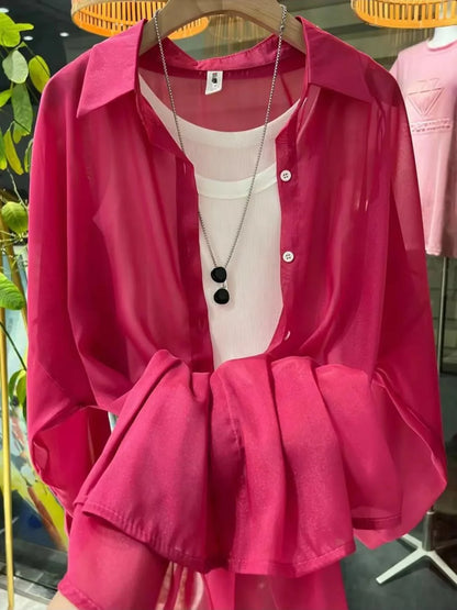 1pcs Woman Four Seasons Shirt Lady Thin Sunscreen Shirts Female Casual Long Sleeve Turn-down Collar Loose Med-Length Style Tops.