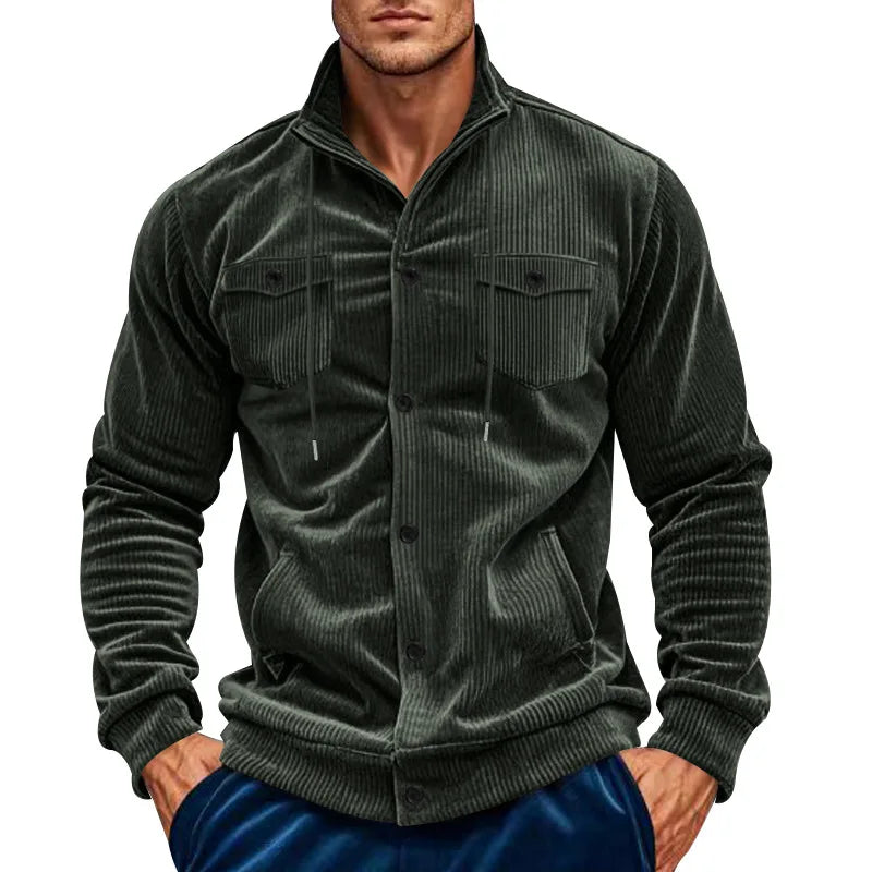 Men's Corduroy Jacket Stand-up Collar Slim Fit Retro Multi-pocket Workwear Commuter Coat for Spring And Autumn.