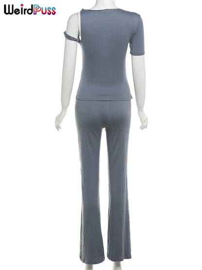 Weird Puss Irregular Knot Women 2 Piece Sets Stretch Casual Short Sleeve Tank Tops+Flare Pants Matching Outfits Slim Streetwear.