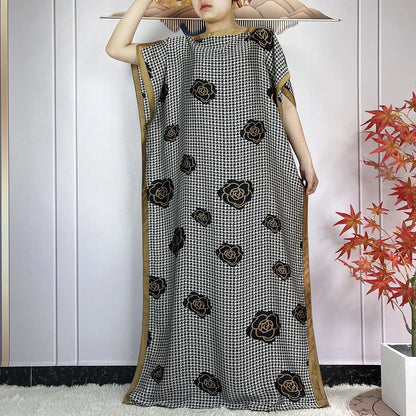 2024 New Dubai Summer Fashion For Women Printed Silk Soft Loose Femme Robe African Islam Maxi Woman Casual Dresses With Turban