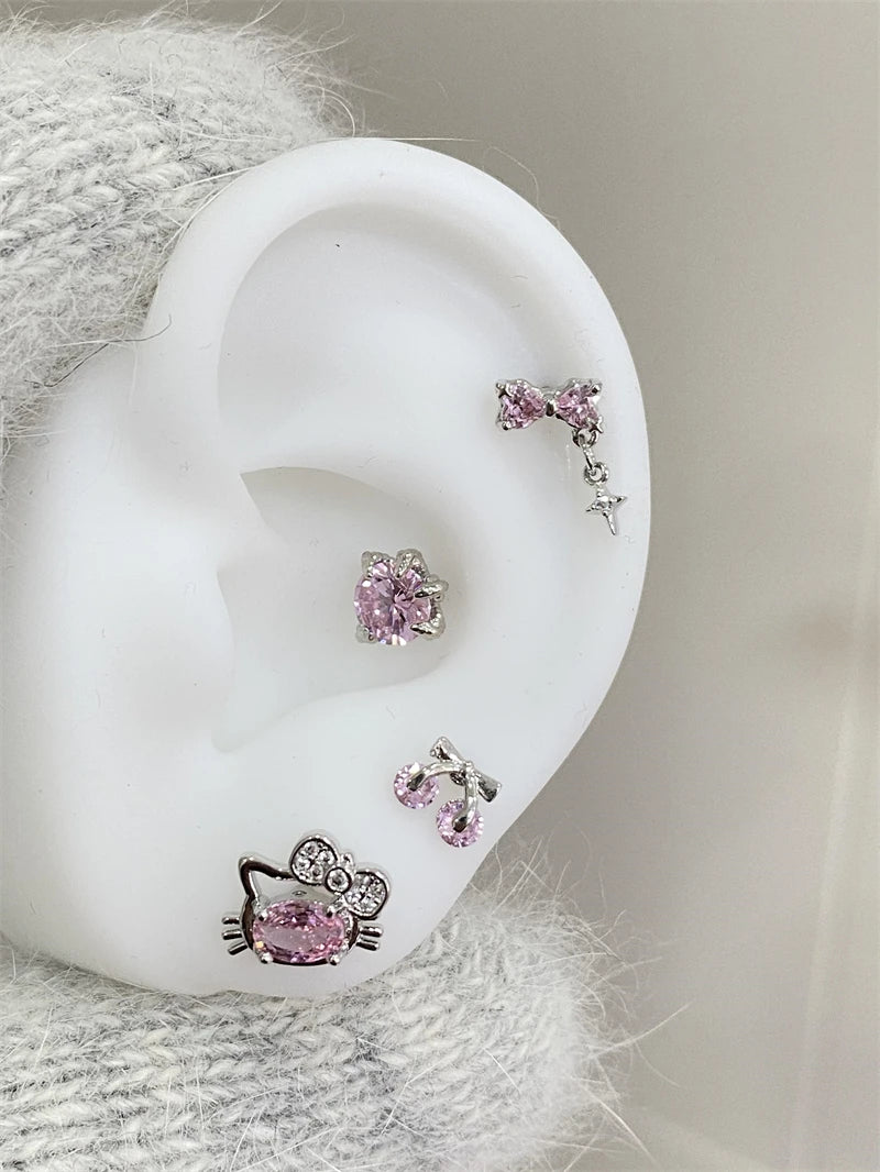 Cute Pink Zircon Cat Stainless Steel Ear Bone Nail Water Droplet Pendant Small Earrings for Women Cochlear Puncture Accessory.