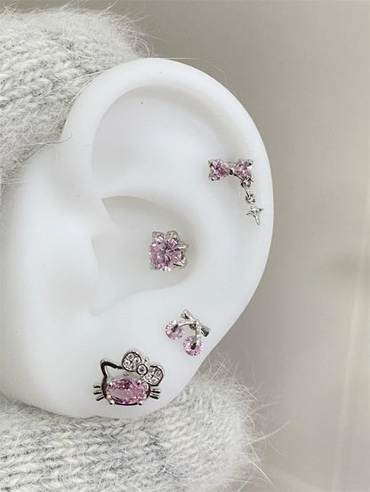 Cute Pink Zircon Cat Stainless Steel Ear Bone Nail Water Droplet Pendant Small Earrings for Women Cochlear Puncture Accessory.