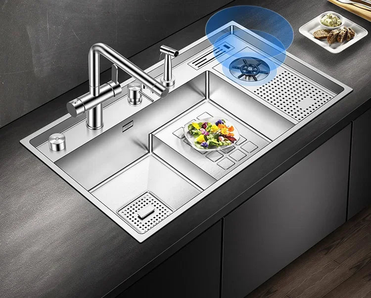 Large Size Nano Meter Cup Rinser Stepped Kitchen Sink 304 Stainless Steel 4mm Thickness Handmade Sinks With Knife Holder