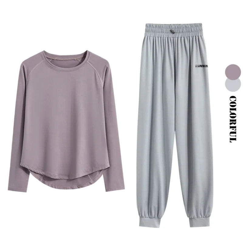 DRUR 2pcs Running Set Women Tracksuit Lightweight Loose Long Sleeve Sport Shirt Pants Sets 2 Piece Sportswear Outfit Gym Clothes