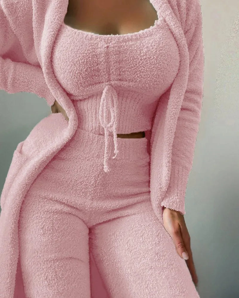 Pajama Woman Winter  Fluffy Pajamas Set for Women Casual Solid Sleepwear 3 Pieces Suit Long Pants Homewear Pijama.