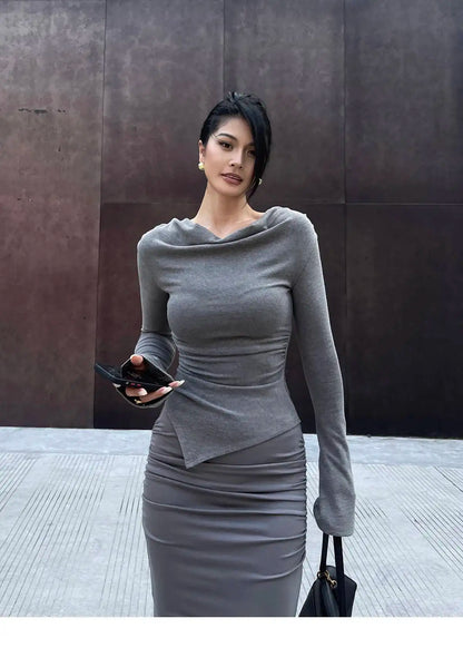 New Spicy Girl One Shoulder Trumpet Long Sleeve T-shirt Female Autumn Slim Sweet Fashion Korean Women Tees Sweet 2025 New 91NV.