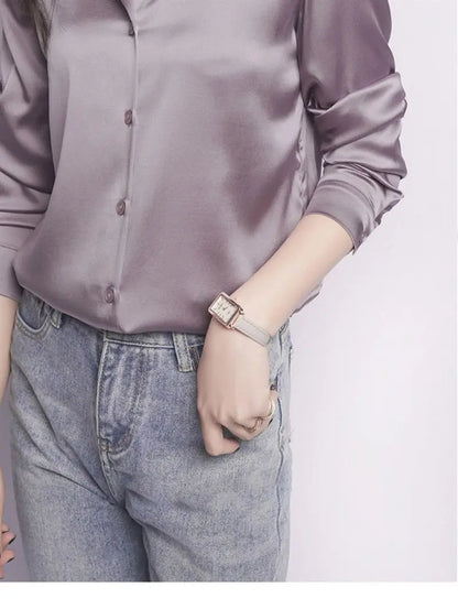 Spring Summer Casual Women's Satin Shirt Lapel Long Sleeve Blouse Loose Solid Color Office Lady Fashion Shirts Top.
