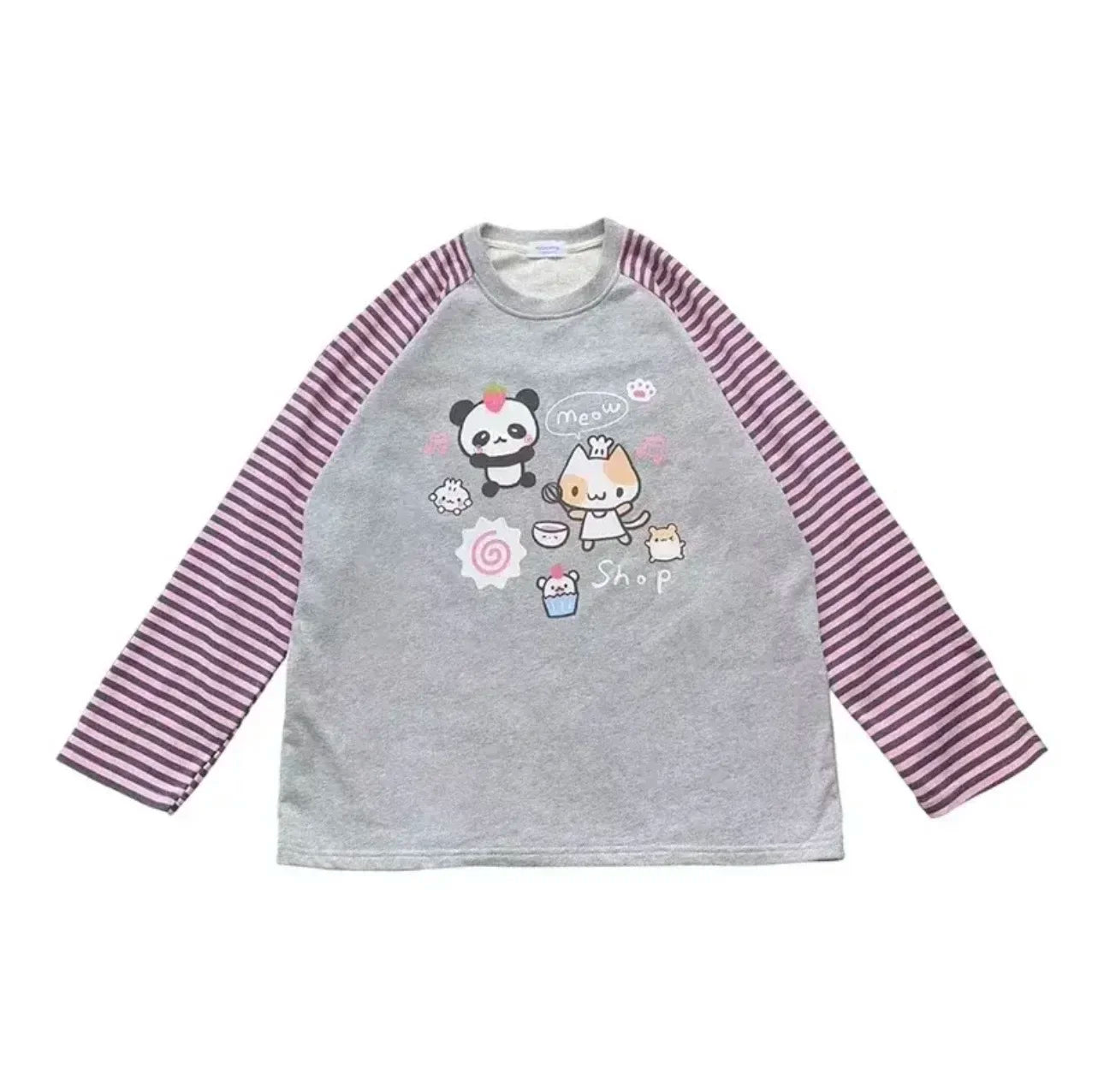 Japan Kawaii Sweet Women T-Shirt O-Neck Stripe Patchwork Long Sleeve Cartoon Print Loose Pullover Casual Cute Top Youth Vitality.